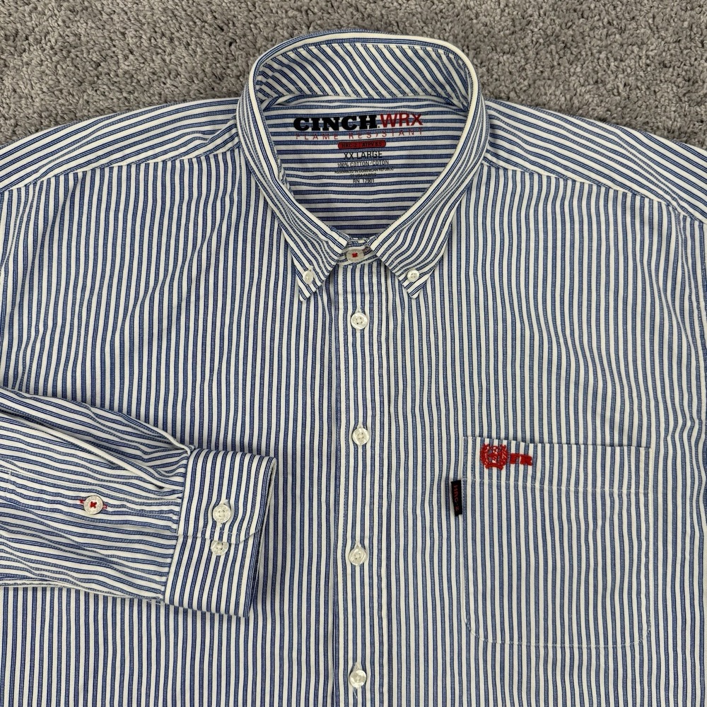 Cinch WRX FR Shirt Men's XXL Blue Striped Long Sleeve Button Down Workwear